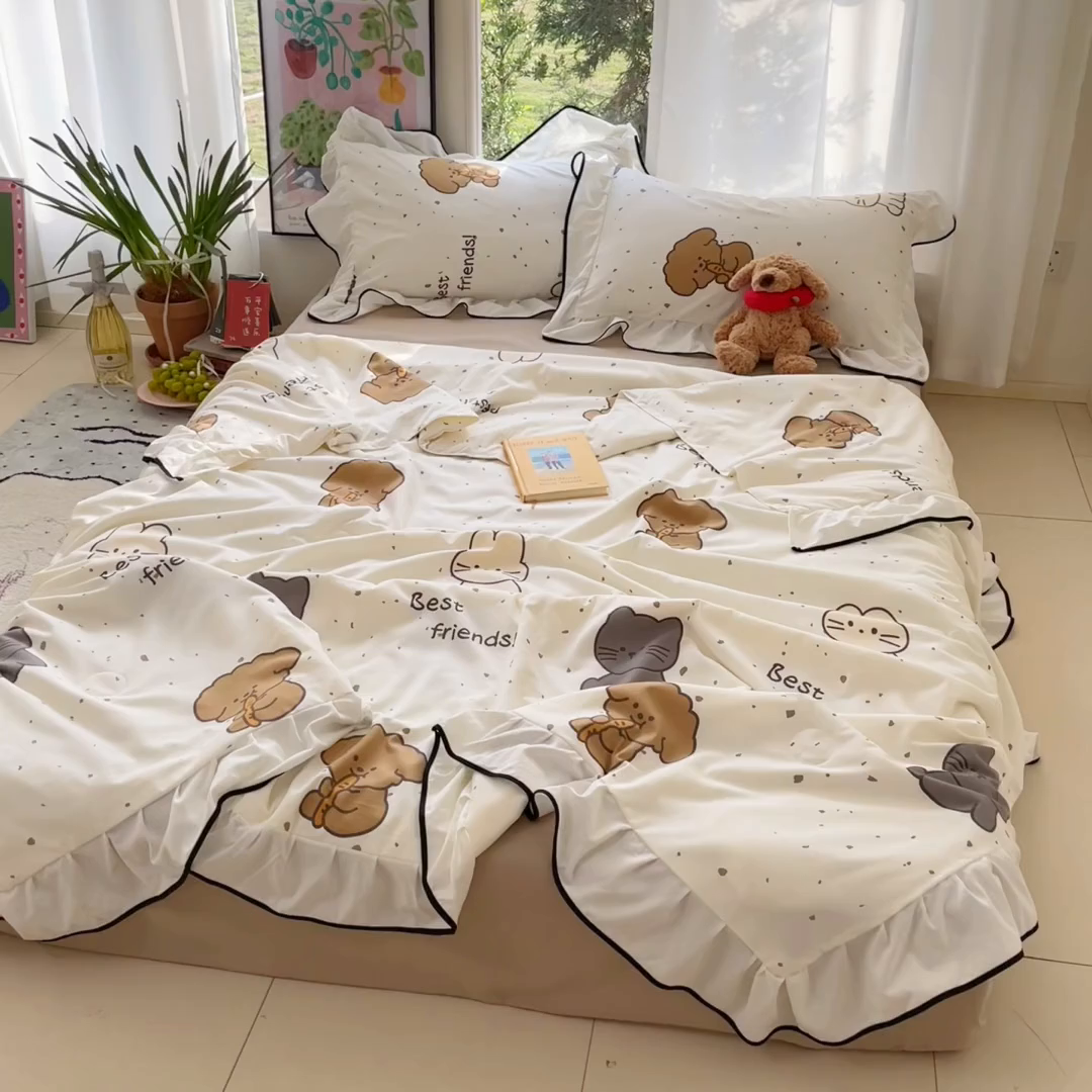 91家纺网 家纺一手货源 找家纺 桃心家居 2025新款A类云柔水洗棉花边韩版少女可爱仙仙大豆单夏被夏凉被空调被四件套 水洗棉花边-夏被萌萌乐园