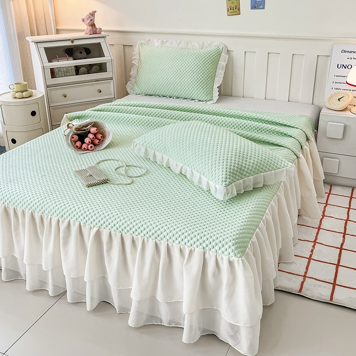 91家纺网 家纺一手货源 找家纺 857家居 2025新款冰雪凉豆豆床裙凉席三件套 冰雪豆豆席绿