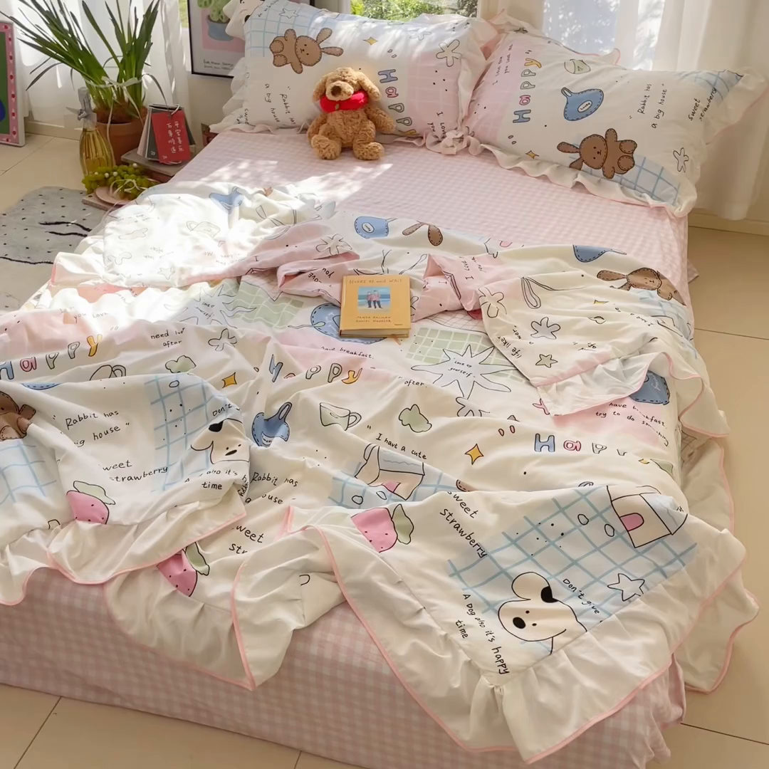 91家纺网 家纺一手货源 找家纺 桃心家居 2025新款A类云柔水洗棉花边韩版少女可爱仙仙大豆单夏被夏凉被空调被四件套 水洗棉花边-夏被卡哇伊