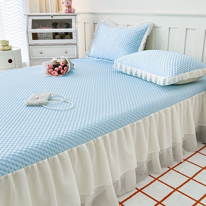 91家纺网 家纺一手货源 找家纺 857家居 2025新款冰雪凉豆豆床裙凉席三件套 冰雪豆豆席蓝