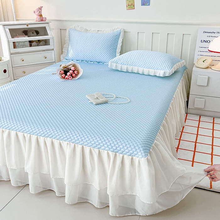 91家纺网 家纺一手货源 找家纺 857家居 2025新款冰雪凉豆豆床裙凉席三件套 冰雪豆豆席蓝