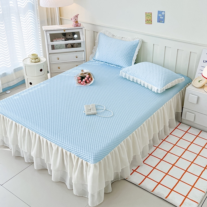 91家纺网 家纺一手货源 找家纺 857家居 2025新款冰雪凉豆豆床裙凉席三件套 冰雪豆豆席蓝