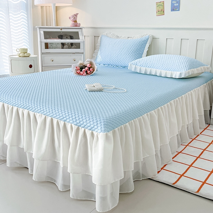 91家纺网 家纺一手货源 找家纺 857家居 2025新款冰雪凉豆豆床裙凉席三件套 冰雪豆豆席蓝