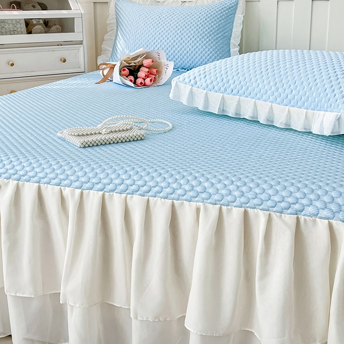 91家纺网 家纺一手货源 找家纺 857家居 2025新款冰雪凉豆豆床裙凉席三件套 冰雪豆豆席蓝