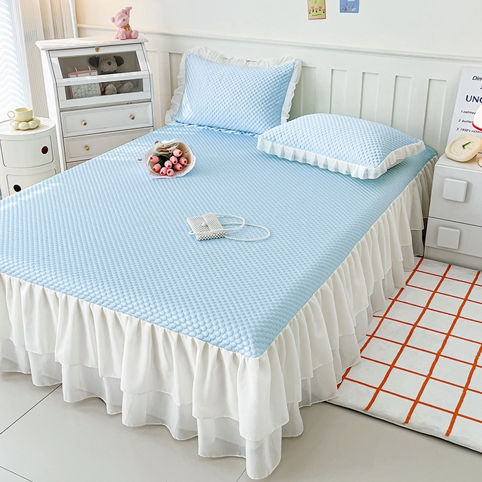 91家纺网 家纺一手货源 找家纺 857家居 2025新款冰雪凉豆豆床裙凉席三件套 冰雪豆豆席蓝