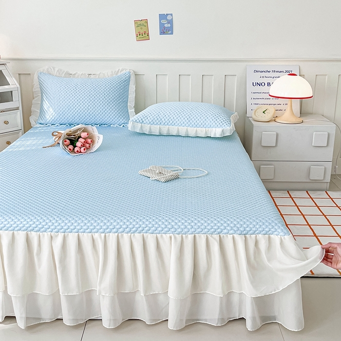 91家纺网 家纺一手货源 找家纺 857家居 2025新款冰雪凉豆豆床裙凉席三件套 冰雪豆豆席蓝