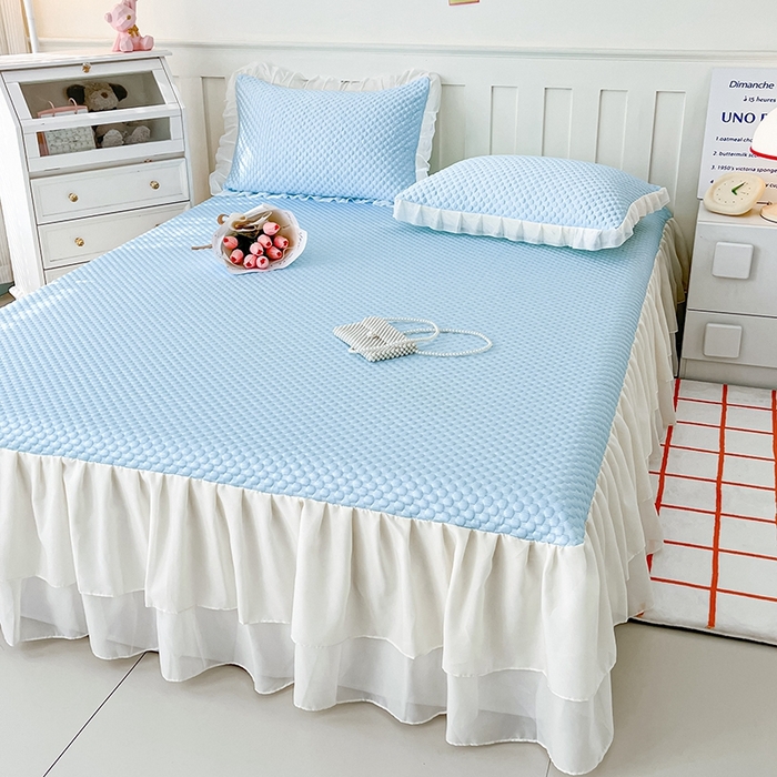 91家纺网 家纺一手货源 找家纺 857家居 2025新款冰雪凉豆豆床裙凉席三件套 冰雪豆豆席蓝