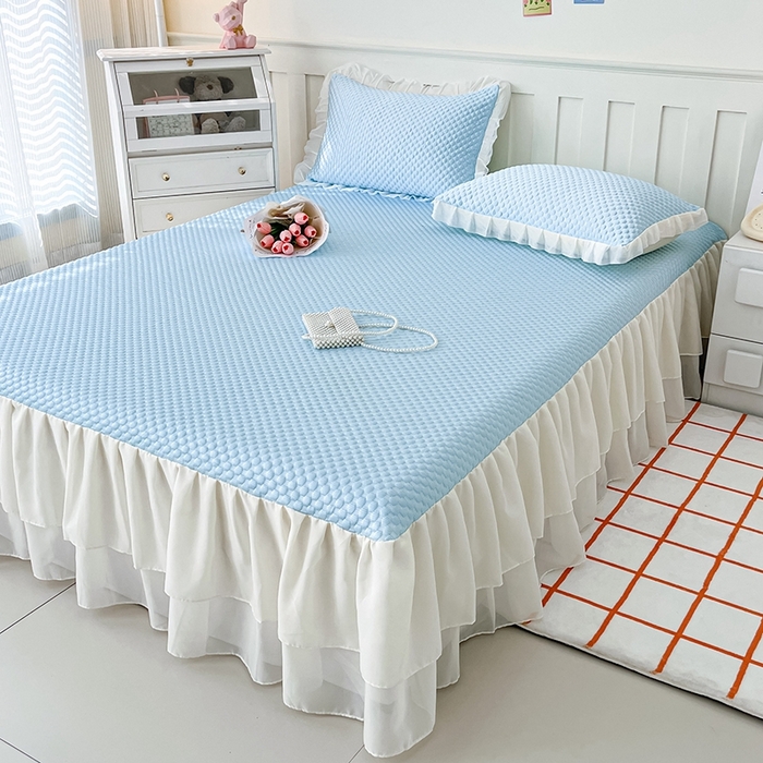 91家纺网 家纺一手货源 找家纺 857家居 2025新款冰雪凉豆豆床裙凉席三件套 冰雪豆豆席蓝