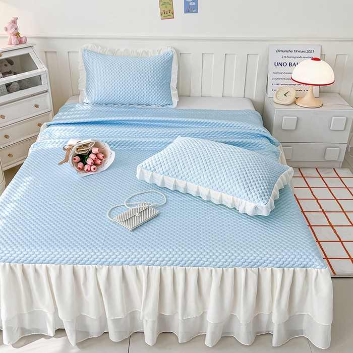 91家纺网 家纺一手货源 找家纺 857家居 2025新款冰雪凉豆豆床裙凉席三件套 冰雪豆豆席蓝