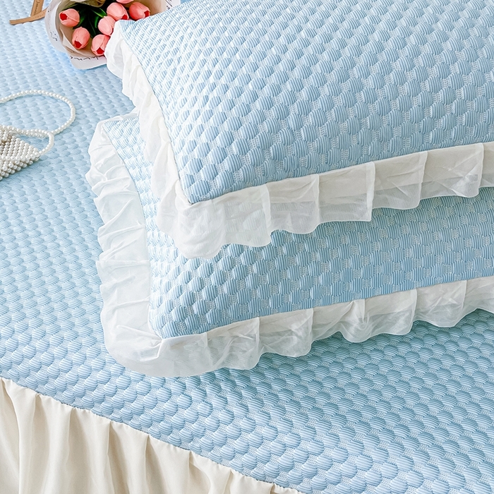 91家纺网 家纺一手货源 找家纺 857家居 2025新款冰雪凉豆豆床裙凉席三件套 冰雪豆豆席蓝