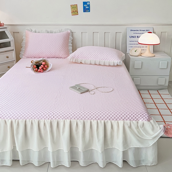 91家纺网 家纺一手货源 找家纺 857家居 2025新款冰雪凉豆豆床裙凉席三件套 冰雪豆豆席粉