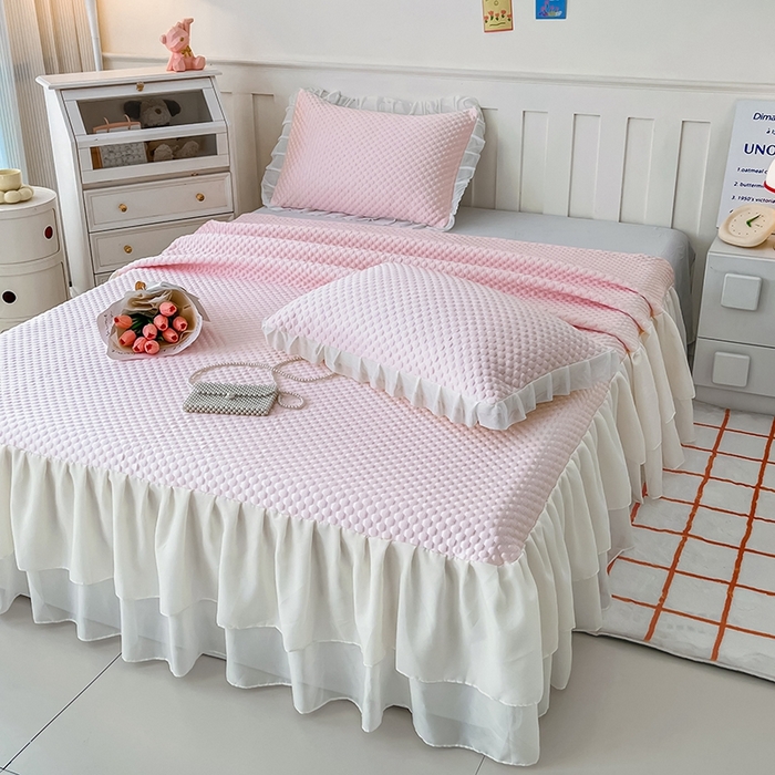 857家居 2025新款冰雪凉豆豆床裙凉席三件套 冰雪豆豆席粉