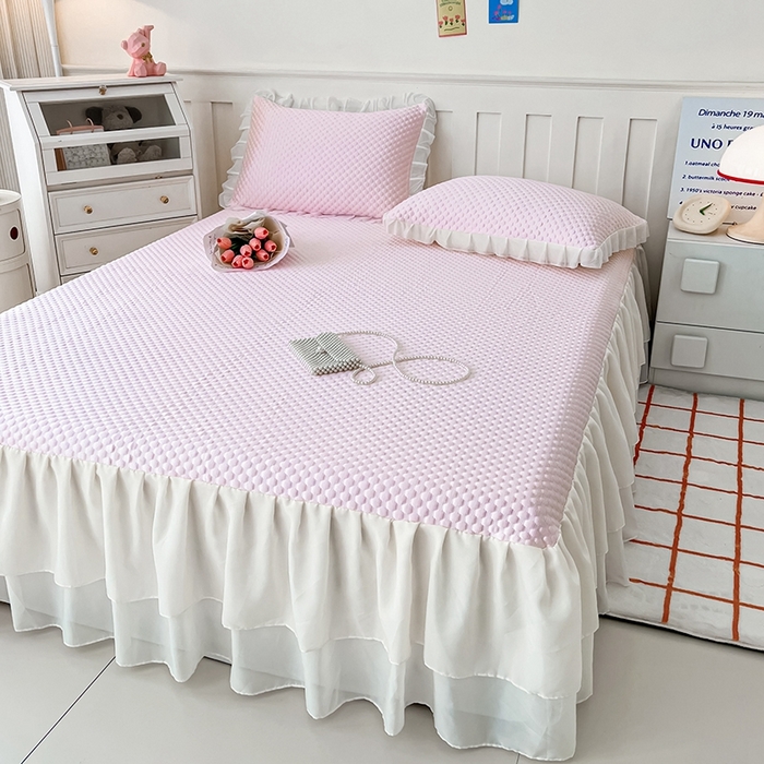 91家纺网 家纺一手货源 找家纺 857家居 2025新款冰雪凉豆豆床裙凉席三件套 冰雪豆豆席粉