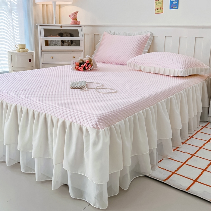 91家纺网 家纺一手货源 找家纺 857家居 2025新款冰雪凉豆豆床裙凉席三件套 冰雪豆豆席粉