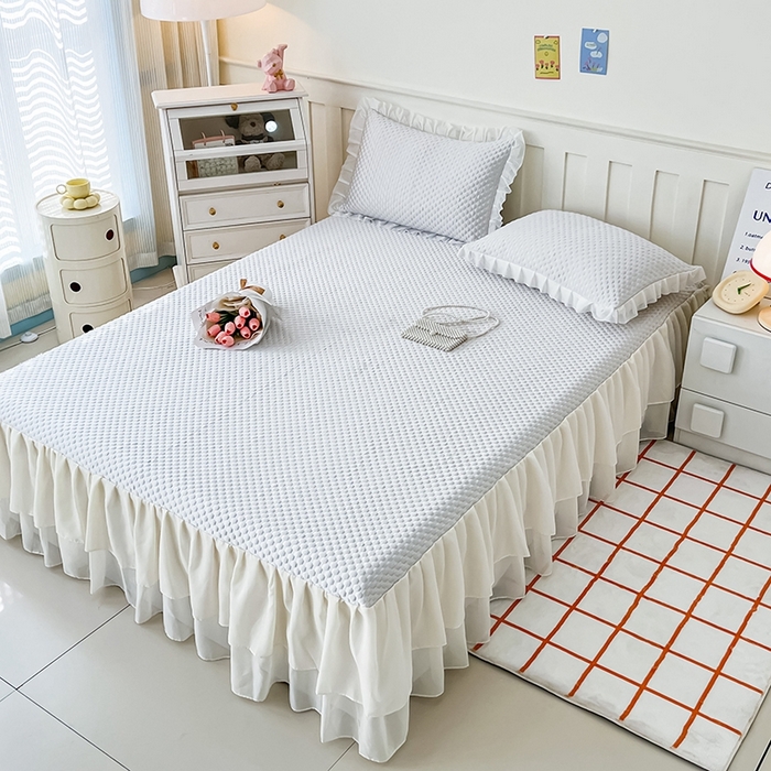 91家纺网 家纺一手货源 找家纺 857家居 2025新款冰雪凉豆豆床裙凉席三件套 冰雪豆豆席灰