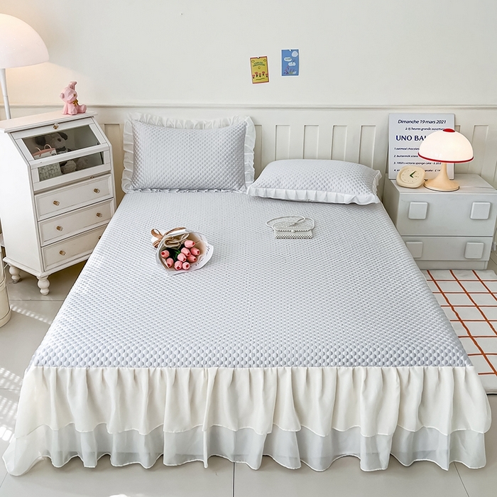 91家纺网 家纺一手货源 找家纺 857家居 2025新款冰雪凉豆豆床裙凉席三件套 冰雪豆豆席灰