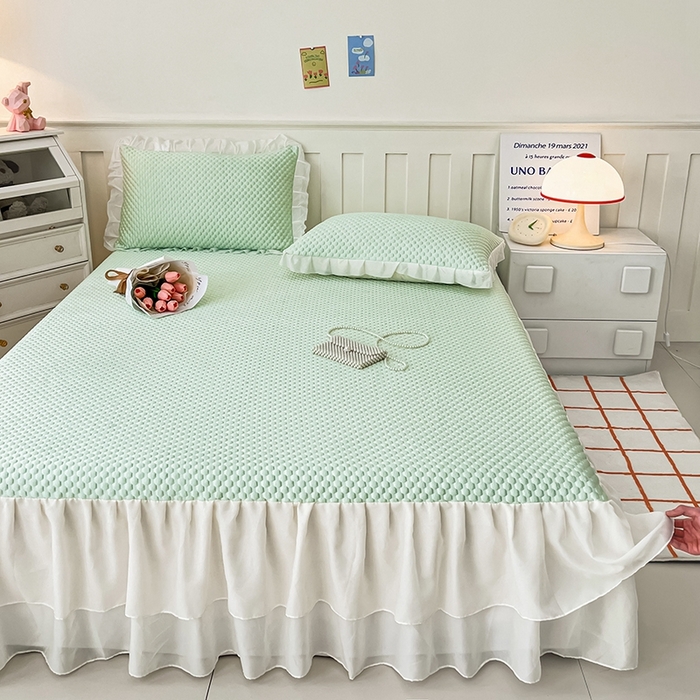 91家纺网 家纺一手货源 找家纺 857家居 2025新款冰雪凉豆豆床裙凉席三件套 冰雪豆豆席绿