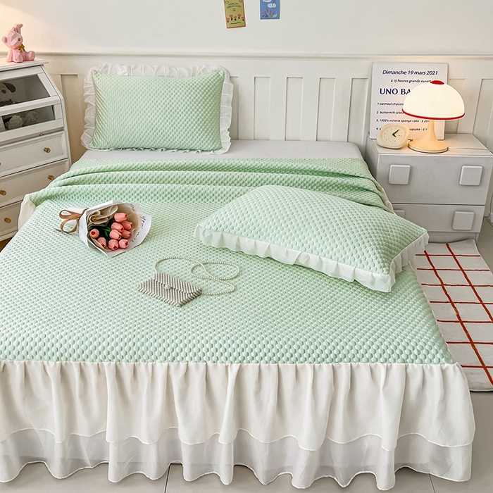 91家纺网 家纺一手货源 找家纺 857家居 2025新款冰雪凉豆豆床裙凉席三件套 冰雪豆豆席绿