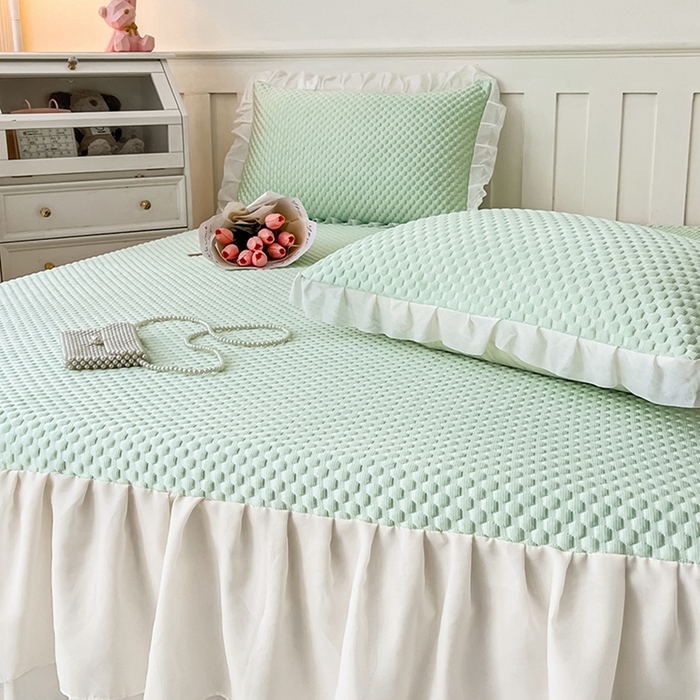 91家纺网 家纺一手货源 找家纺 857家居 2025新款冰雪凉豆豆床裙凉席三件套 冰雪豆豆席绿