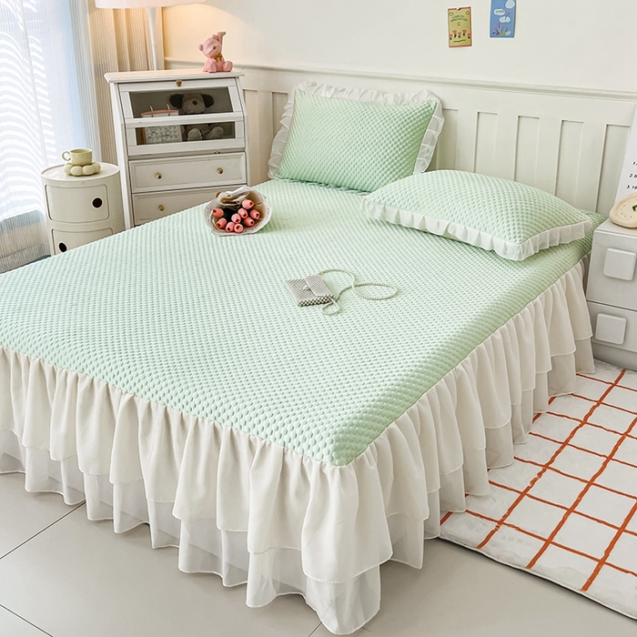 91家纺网 家纺一手货源 找家纺 857家居 2025新款冰雪凉豆豆床裙凉席三件套 冰雪豆豆席绿