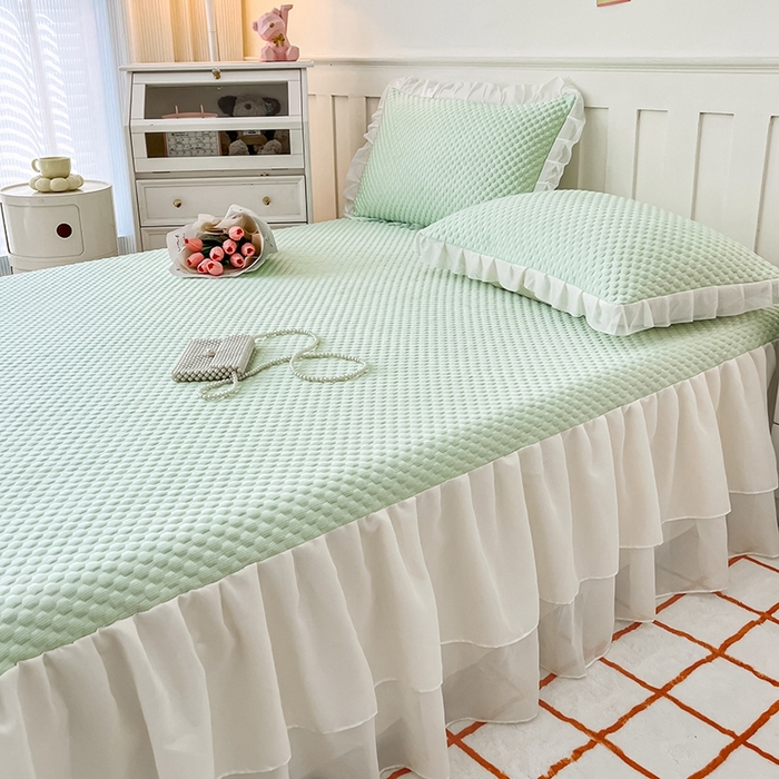 91家纺网 家纺一手货源 找家纺 857家居 2025新款冰雪凉豆豆床裙凉席三件套 冰雪豆豆席绿