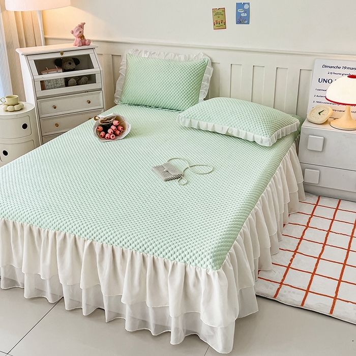 91家纺网 家纺一手货源 找家纺 857家居 2025新款冰雪凉豆豆床裙凉席三件套 冰雪豆豆席绿