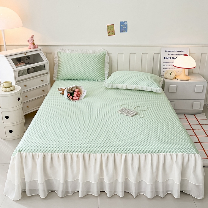 91家纺网 家纺一手货源 找家纺 857家居 2025新款冰雪凉豆豆床裙凉席三件套 冰雪豆豆席绿