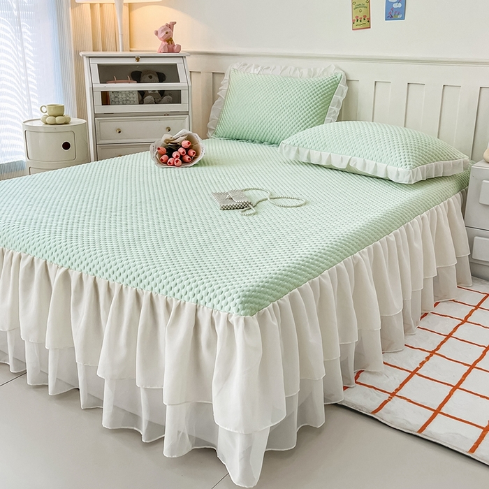 91家纺网 家纺一手货源 找家纺 857家居 2025新款冰雪凉豆豆床裙凉席三件套 冰雪豆豆席绿