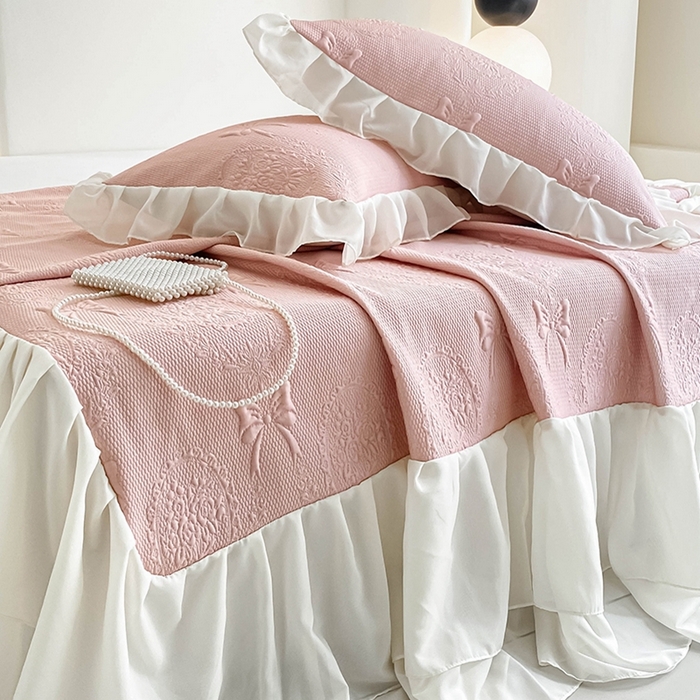 857家居 2025新款手捧花凉豆豆床裙凉席三件套 手捧花粉