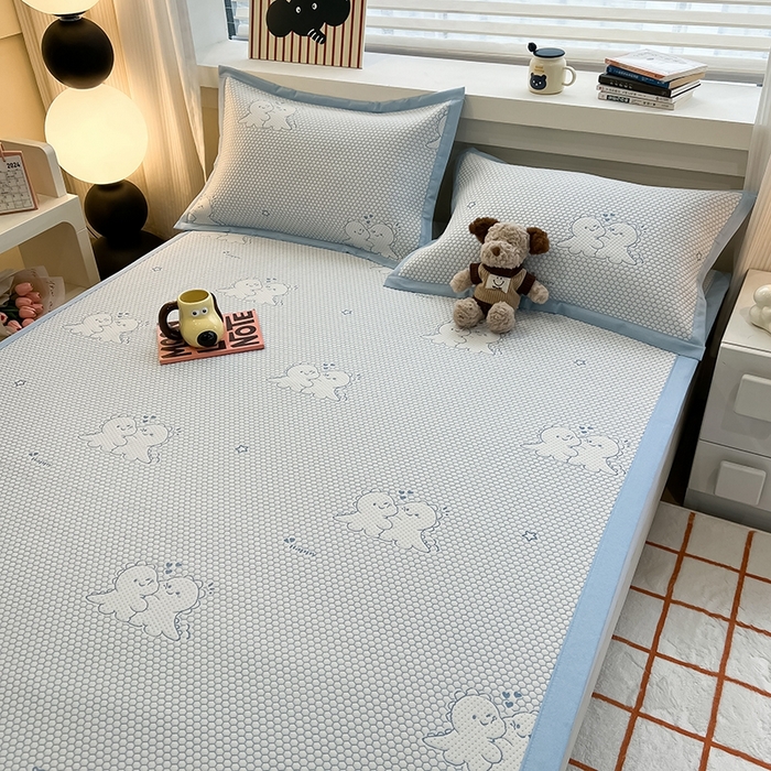 91家纺网 家纺一手货源 找家纺 857家居 2025新款提花冰豆豆凉席三件套 豆豆席蓝恐龙