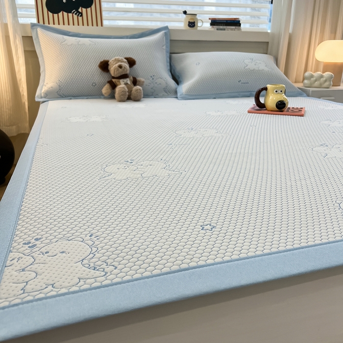 91家纺网 家纺一手货源 找家纺 857家居 2025新款提花冰豆豆凉席三件套 豆豆席蓝恐龙