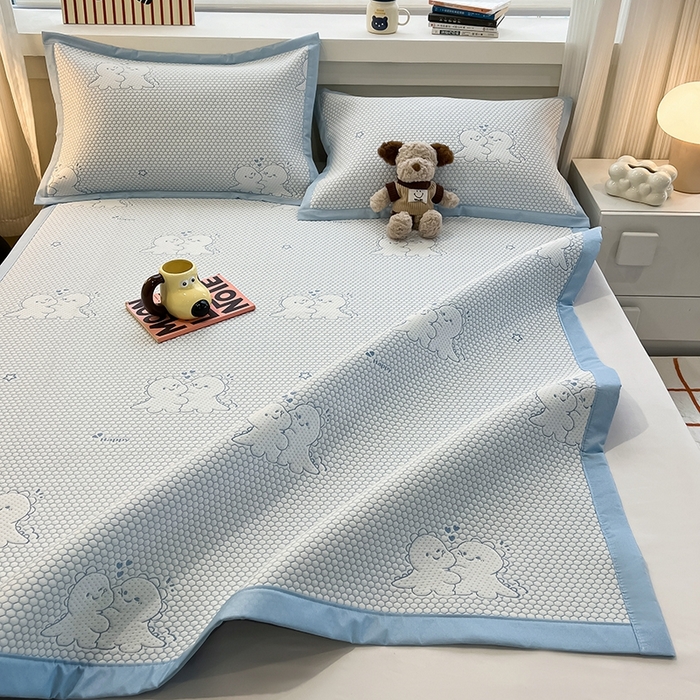 91家纺网 家纺一手货源 找家纺 857家居 2025新款提花冰豆豆凉席三件套 豆豆席蓝恐龙