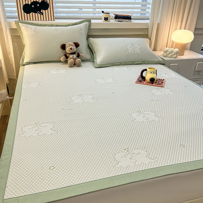 91家纺网 家纺一手货源 找家纺 857家居 2025新款提花冰豆豆凉席三件套 豆豆席绿恐龙