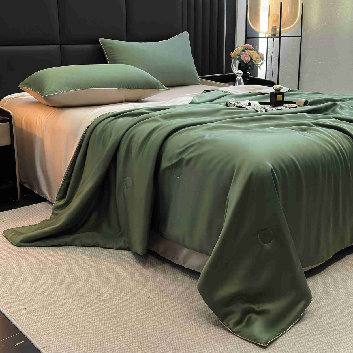 91家纺网 家纺一手货源 找家纺 2025新款100%兰精天丝60支夏被单品夏被四件套 石青绿+香槟