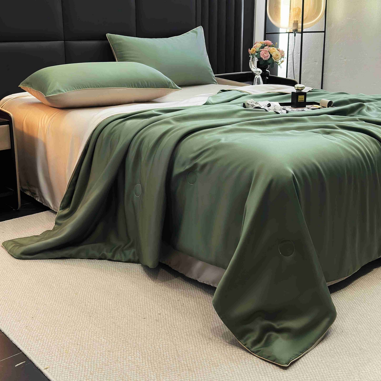 91家纺网 家纺一手货源 找家纺 2025新款100%兰精天丝60支夏被单品夏被四件套 石青绿+香槟