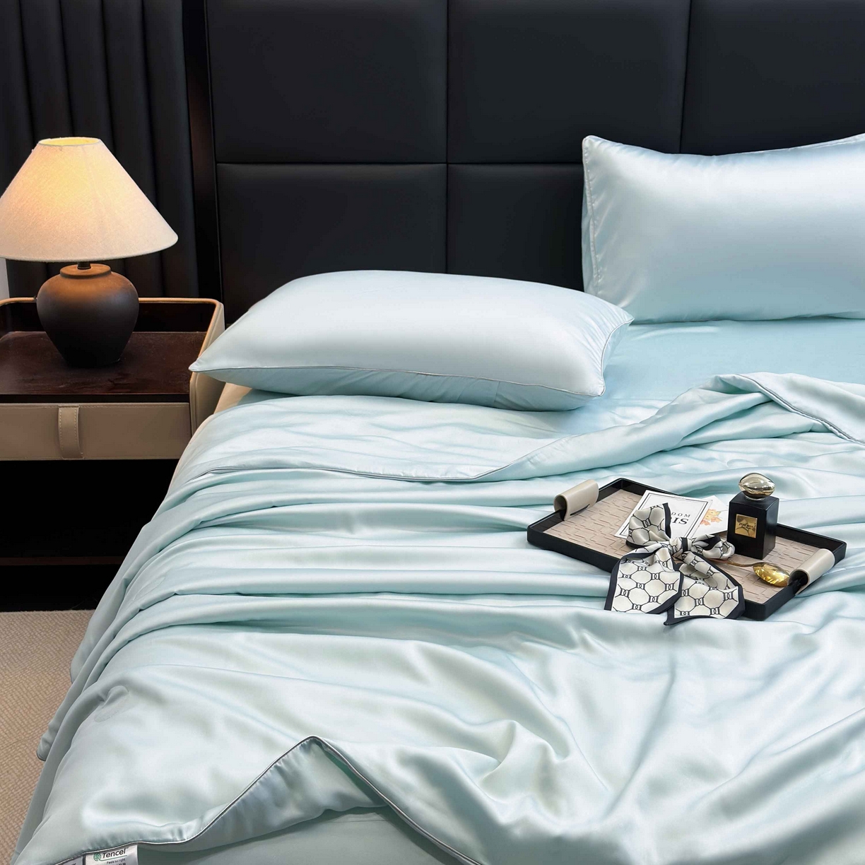 91家纺网 家纺一手货源 找家纺 2025新款100%兰精天丝60支夏被单品夏被四件套 天水蓝