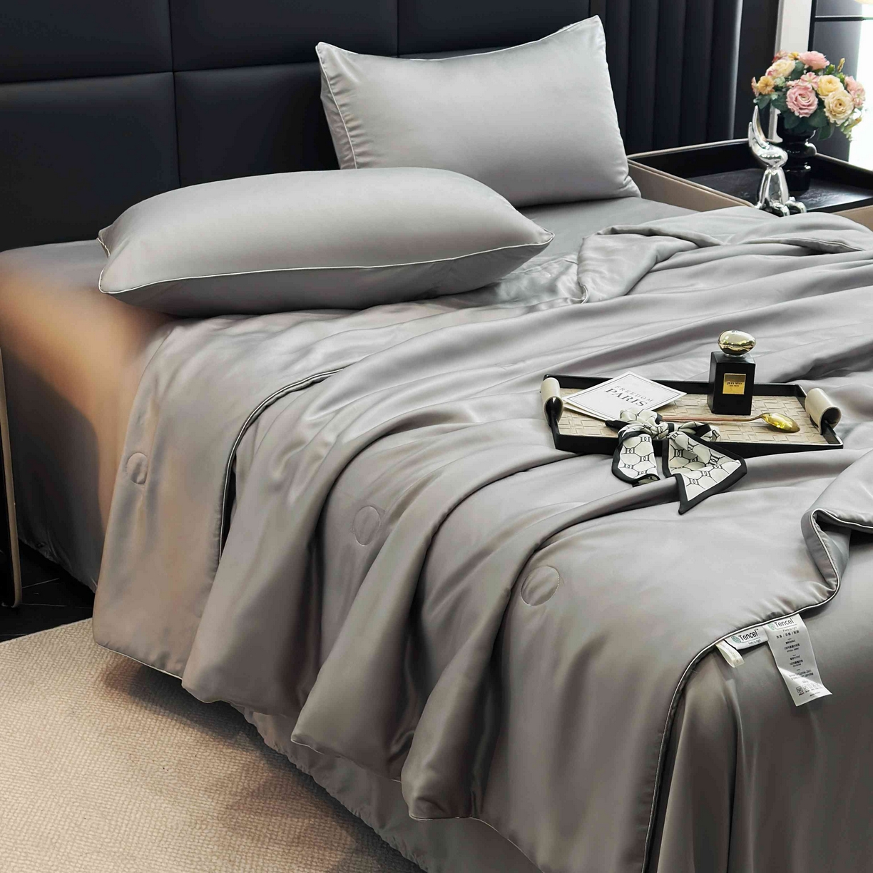 91家纺网 家纺一手货源 找家纺 2025新款100%兰精天丝60支夏被单品夏被四件套 烟灰