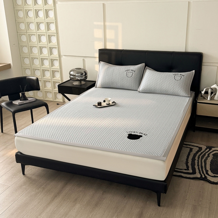 91家纺网 家纺一手货源 找家纺 梵朴 2025新款直播贴布刺绣凉感凉豆豆凉席席子三件套空调软席-幸运熊系列 幸运熊-深灰