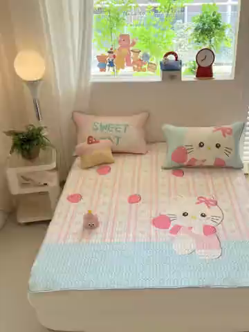 91家纺网 家纺一手货源 找家纺 韩都家居 2025春夏新款ins大版卡通乳胶席凉席席子（包含买家秀）草莓卡通猫