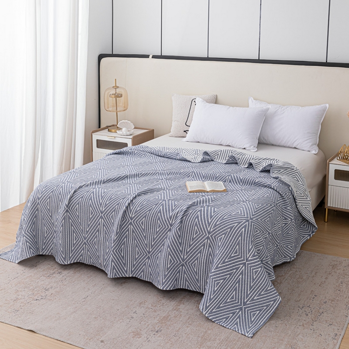 91家纺网 家纺一手货源 找家纺 卡奥家纺 2025新款水洗全棉四层纱盖毯毛巾被夏凉被  时光-蓝