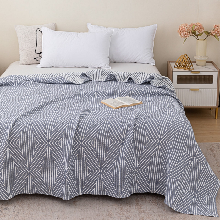 91家纺网 家纺一手货源 找家纺 卡奥家纺 2025新款水洗全棉四层纱盖毯毛巾被夏凉被  时光-蓝