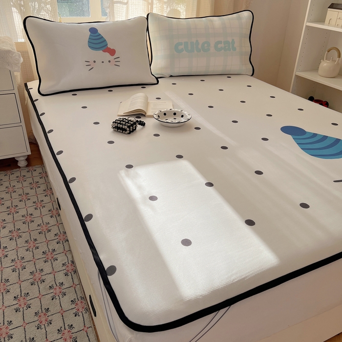 91家纺网 家纺一手货源 找家纺 顾里家纺 2025新款韩式Chic风冰感牛奶丝软席席子 会员➖5元 波点花猫