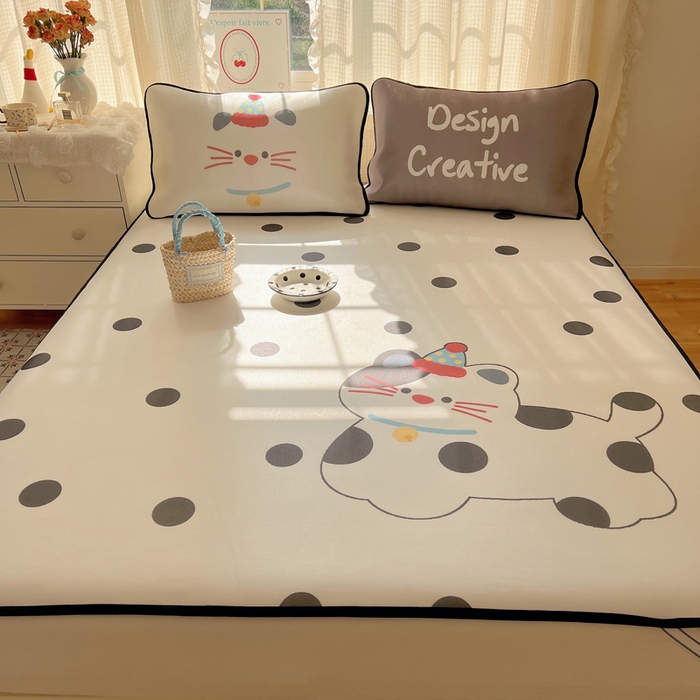 91家纺网 家纺一手货源 找家纺 顾里家纺 2025新款韩式Chic风冰感牛奶丝软席席子 会员➖5元 波点猫咪