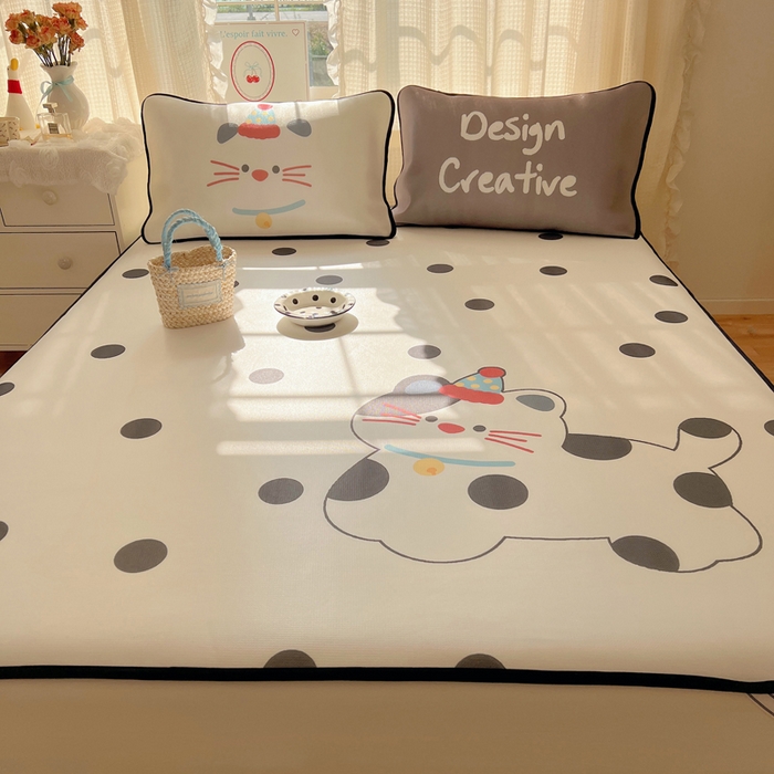 91家纺网 家纺一手货源 找家纺 顾里家纺 2025新款韩式Chic风冰感牛奶丝软席席子 会员➖5元 波点猫咪