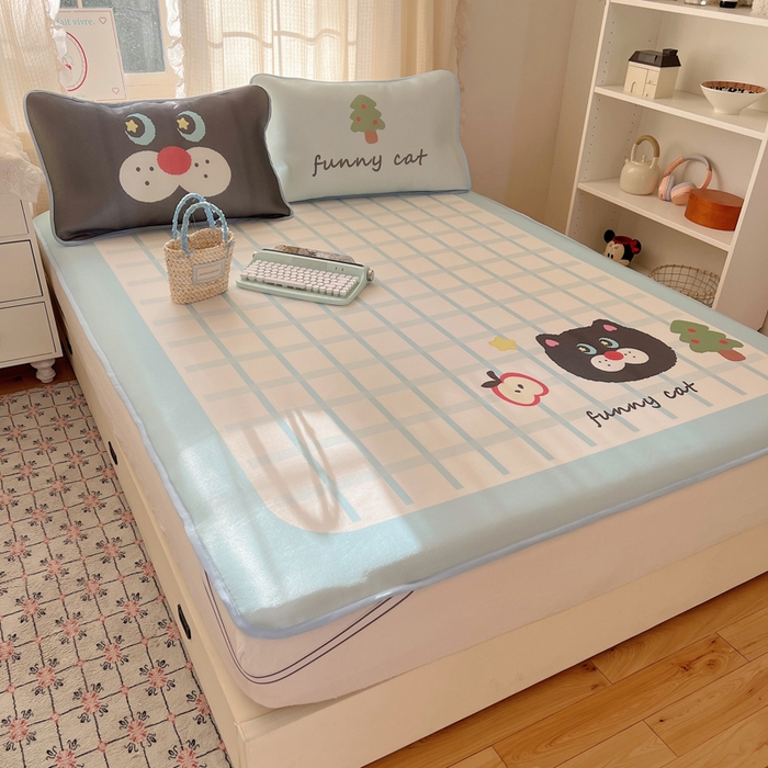 91家纺网 家纺一手货源 找家纺 顾里家纺 2025新款韩式Chic风冰感牛奶丝软席席子 会员➖5元 蓝格黑猫