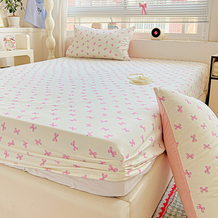 91家纺网 家纺一手货源 找家纺 妖妖2025印花水洗单床笠 清新蝴蝶结-粉