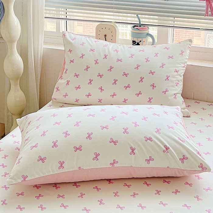 91家纺网 家纺一手货源 找家纺 妖妖2025印花水洗单床笠 清新蝴蝶结-粉