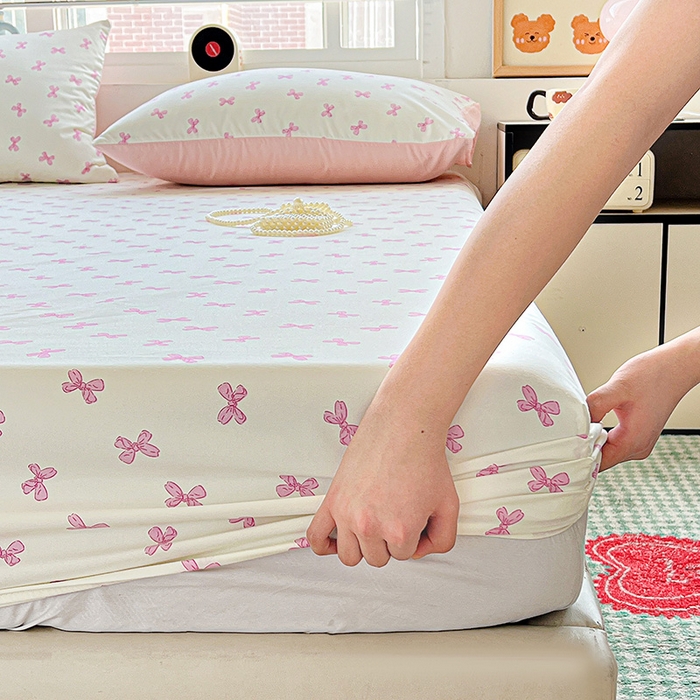 91家纺网 家纺一手货源 找家纺 妖妖2025印花水洗单床笠 清新蝴蝶结-粉