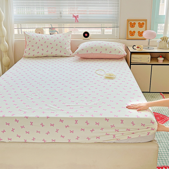 91家纺网 家纺一手货源 找家纺 妖妖2025印花水洗单床笠 清新蝴蝶结-粉