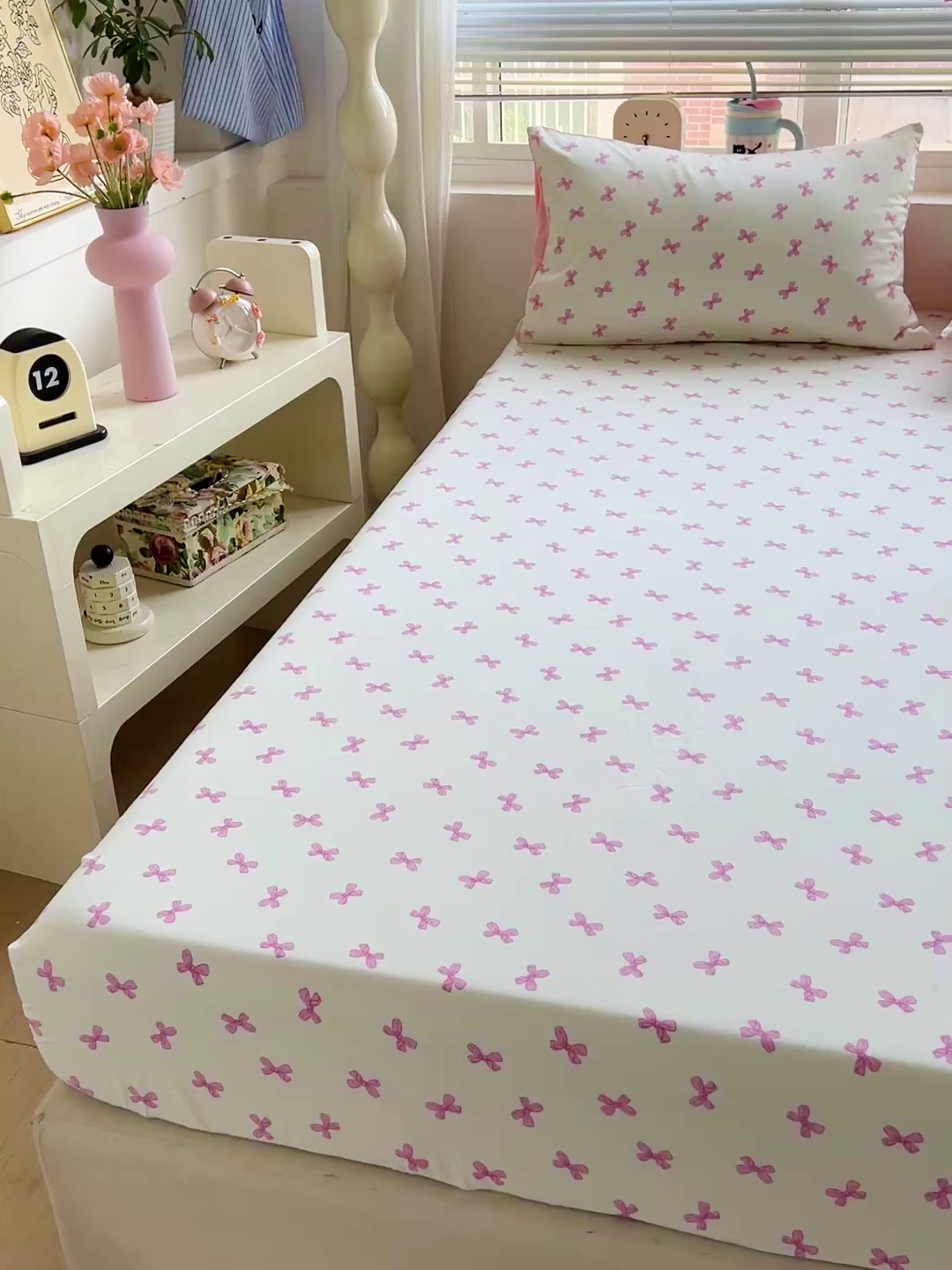 91家纺网 家纺一手货源 找家纺 妖妖2025印花水洗单床笠 清新蝴蝶结-粉